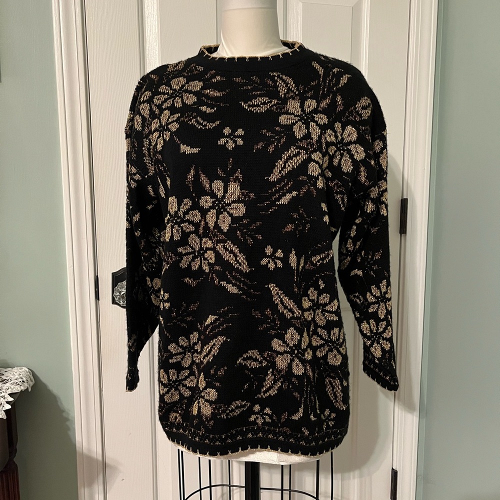 Vintage 1980s or 1990s Black Floral Sweater with Gold Metallic Floral Pattern